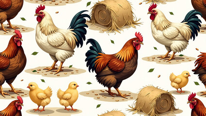 Clucking Chickens in Farmyard - A seamless pattern of chickens pecking and strutting in a busy barnyard.
