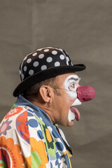 A large portrait of a cheerful clown in profile. A clown in a black polka dot hat and a big red nose stuck out his tongue.