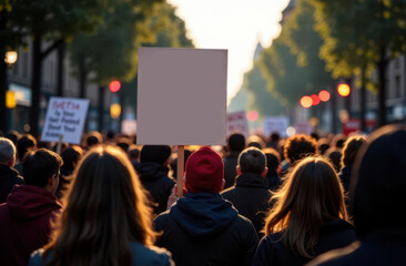 Obraz premium Crowd gathers for protest holding blank signs in urban area during sunset