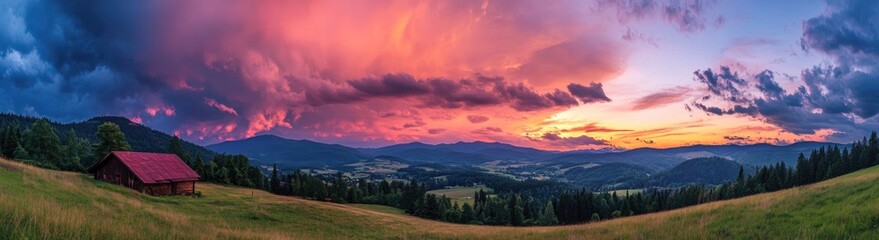 Dramatic sunset over mountain valley with rustic cabin