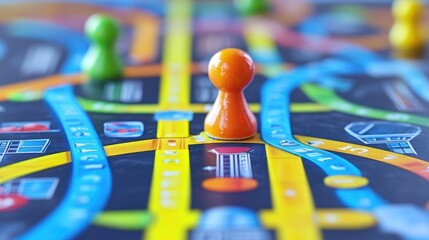Colorful game piece on subway map game board