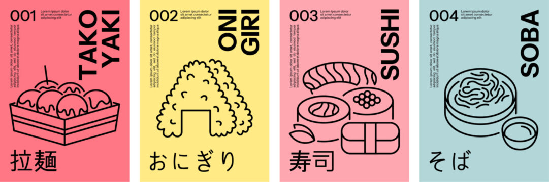 Naklejki Japanese food poster collection in minimal line art style, with takoyaki, onigiri, sushi, and soba text written in Japanese.