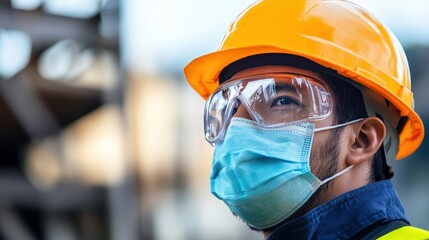Construction worker in hard hat and safety gear on site during daytime emphasizes importance of safety protocols. National Facial Protection Month