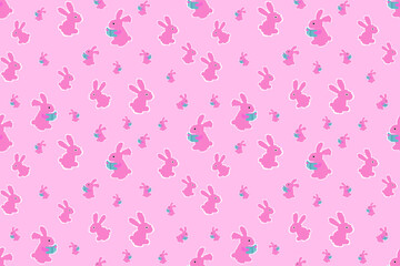 Seamless fabric pattern, cute pink cartoon rabbit standing reading a blue book on a pink background