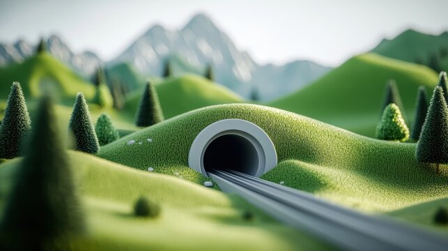 An aerial view of a hyperloop track disappearing into a tunnel entrance, surrounded by a futuristic landscape.