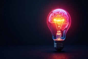 Illuminated brain inside lightbulb, vibrant colors, dark background, dark, lightbulb