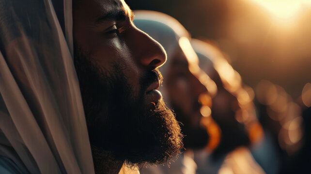 a close-up of pilgrims' faces filled with devotion, viewed from a low angle. Majestic Kaaba background.