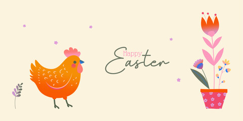 Horizontal Happy Easter Poster in a Modern and Trendy Minimalist Style. Easter eggs, bunny, flowers and chickens. Perfect for holiday cover or web banner design template.