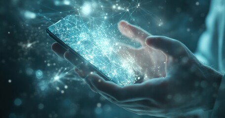 Obraz premium Hands holding phone, digital network glowing.
