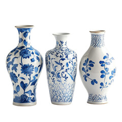 Blue White Decorative Vases on transparent background.