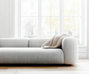 Fototapeta premium Stylish modern sofa with cozy blanket in bright sunlit living room near large windows