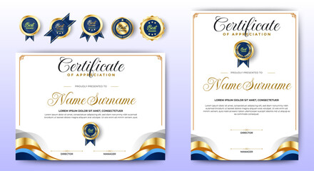 Certificate of appreciation template, gold and blue color. Clean modern certificate with gold badge. Certificate border template with luxury and modern line pattern. Diploma vector template.