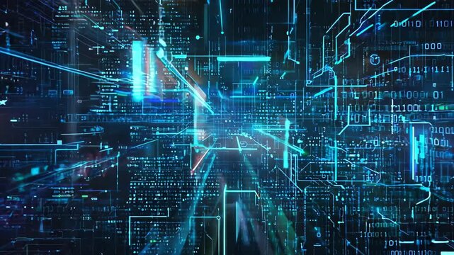 Digital Data moving on Circuit Board and CPU loop backgrounds. Abstract high tech Artificial intelligence, data mining, modern computer technology surface. 