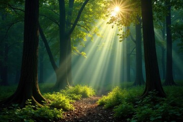 Obraz premium Sunbeams pierce dense forest canopy, dappled light on forest floor, canopy, peaceful