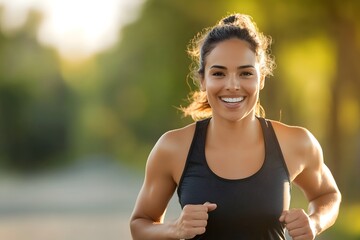 Fototapeta premium Confident and Energetic Hispanic Woman Jogging in Lush Green Park on Sunny Morning