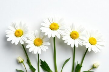 Obraz premium Five pristine white daisies, yellow centers, stark white backdrop , macro, isolated