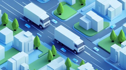 Isometric map layout with white cargo vans on light blue streets, architectural gray polygon blocks, neon green terrain patches, technical illustration style, precise geometric shapes, urban
