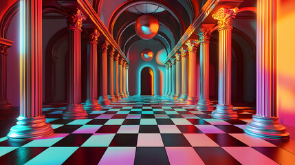 Obraz premium Virtual showcase hall displaying art digital gallery photostock futuristic environment wide angle view aesthetic design