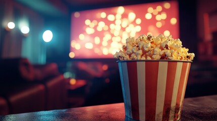 Popcorn in a striped container, home cinema