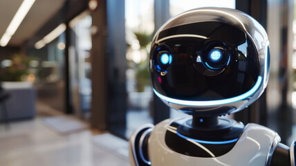 a robot learning from an AI assistant, captured from eye level. Innovative technology background.