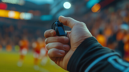 Hand Holding Whistle During Evening Soccer Match with Players in Red and White Uniforms. Referee whistle

