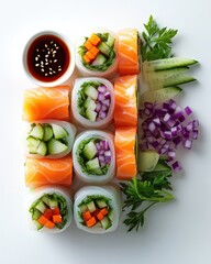 Delicious Fresh Sushi Rolls with Colorful Vegetables and Dipping Sauce on White Background