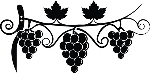 Black Grape Vine Silhouette Illustration, Decorative Wrought Iron Style, Grapes and Leaves Design, Wine Theme, Vector Art