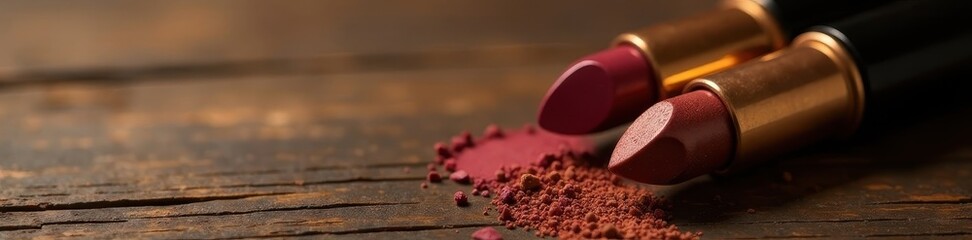 Golden brown lipsticks, deep berry eyeshadows, bronze highlighter on rustic wood , cosmetics, berry