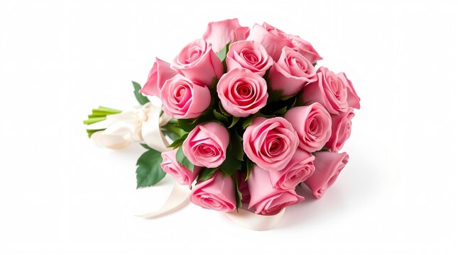 tightly arranged bouquet of pink roses and a simple white ribbon, Isolated on white background
