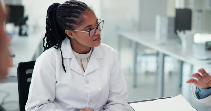 Women, documents and discussion in lab, group and review for progress, listening and report at pharma company. People, science and feedback at meeting with medical project for vaccine development