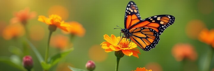 Fototapeta premium Monarch butterfly nectaring on vibrant wildflowers , garden, field, meadow