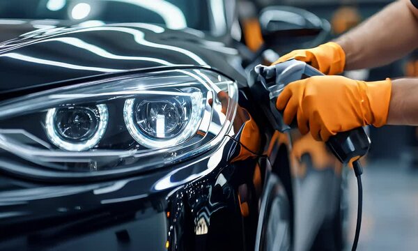 Car detailing and polishing concept, hands of a professional male car service worker wearing bright orange gloves, polishing machine to buff the glossy black surface of a luxury car
