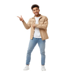 Ultra HD PNG image of a handsome smiing sales person standing pointing towards left wearing suit and tie, smiling at camera on transparent background