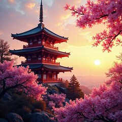 Golden hour illuminates ornate pagoda, surrounded by a sea of pink cherry blossoms Cultural motifs adorn its walls , spring, nature, ornate