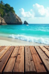 Fototapeta premium Weathered wooden planks, blurred ocean backdrop, grey, sand
