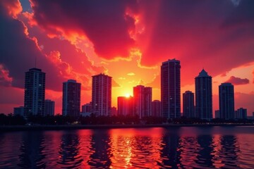 Fototapeta premium Dramatic Miami sunset, skyscrapers silhouetted against fiery sky, orange, buildings