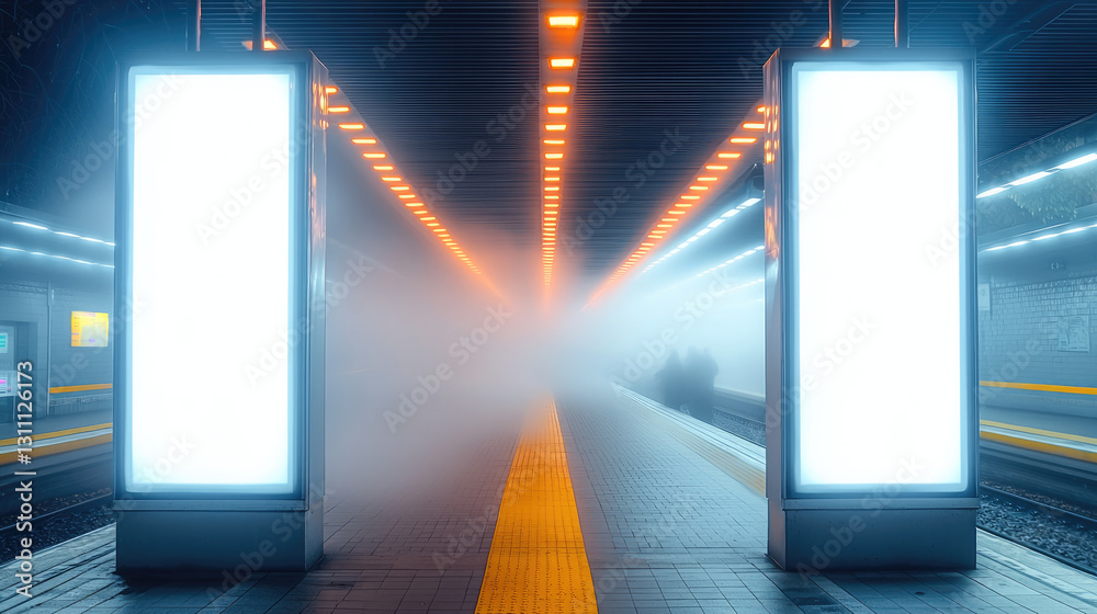 Poster foggy subway station with illuminated platforms and empty billboards creates mysterious atmosphere