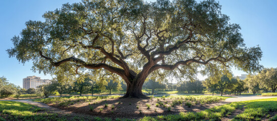 oak tree in a clearing in a city park in clear weather. The tree has a hollow that is almost from the ground to the place of separation into branches