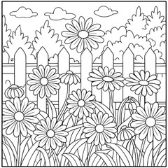 Black and White Garden Coloring Page: Daisies, Fence, and Clouds in a Simple Line Art Illustration for Relaxation and Creativity