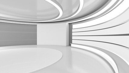 Tv Studio. White studio. News studio. The perfect backdrop for any green screen or chroma key video or photo production. 3D rendering.