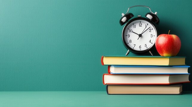 Colorful Books Stack with Alarm Clock and Red Apple on Green Surface