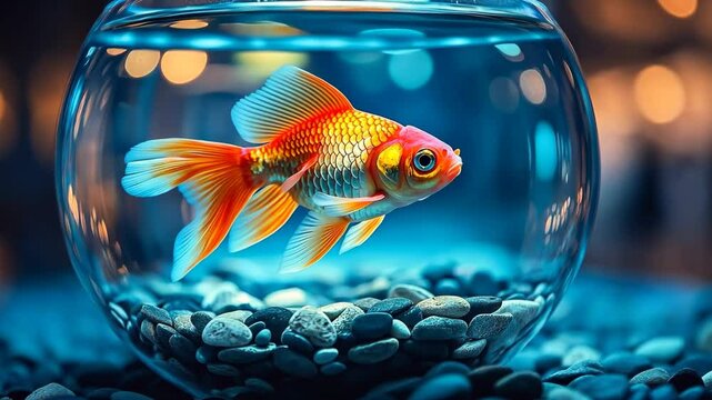 Goldfish is swimming in a small fishbowl. The fishbowl is filled with rocks and pebbles, and the water is clear. The fish appears to be swimming around the rocks and pebbles