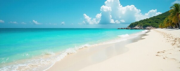Obraz premium Sun-drenched white sand, turquoise ocean waves, clear sky, nature, tropical
