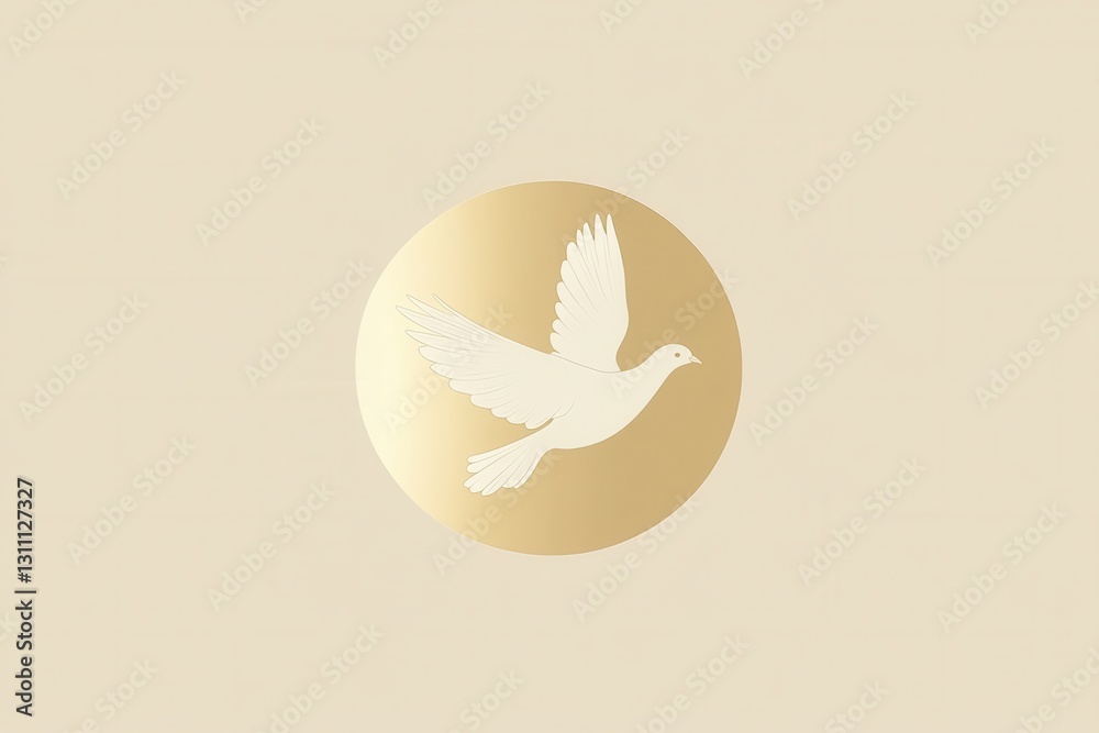 Aufkleber minimalist design featuring a white dove flying against a glowing sun with soft golden colors creati