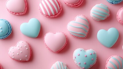 Obraz premium Deliciously Colorful Heart-Shaped Macarons on a Soft Pink Background Perfect for Celebrations and Desserts