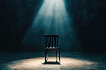Empty chair, spotlight, dark room, awaiting judgment