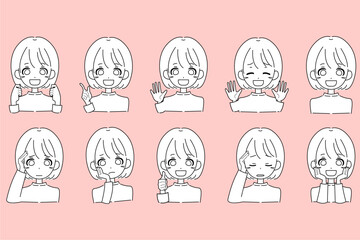 若い女性のイラストセット-白背景あり線画