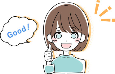 笑顔でグッジョブする若い女性のイラスト