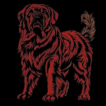 Tibetan Mastiff: Artistic representation of a Tibetan Mastiff in a nostalgic and charming vintage patternT-shirt design graphic, vector, contour, black background.