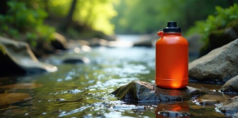 A hiker's canteen fills with clear river water , pure, shadow, river
